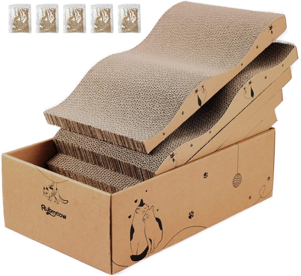 Cat Scratcher Cardboard Pad 5pcs, Corrugated Large 17x10in, Box and Catnip